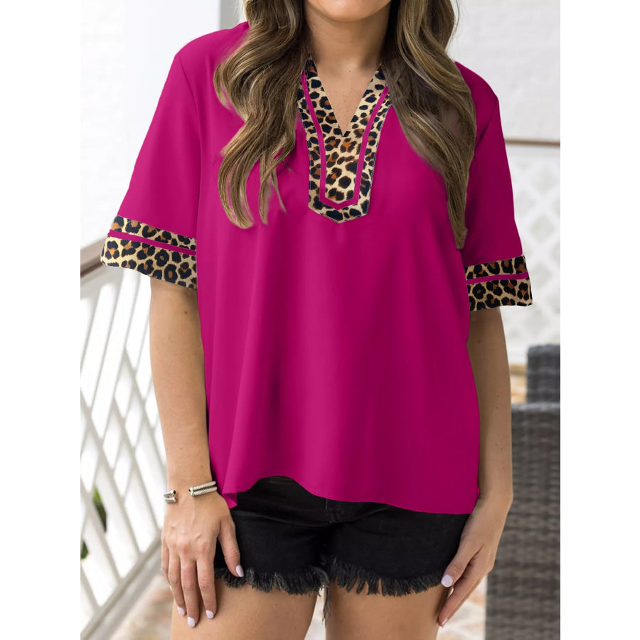 Leopard Patchwork Trim Split Neck Short Sleeve Blouse Apparel and Accessories