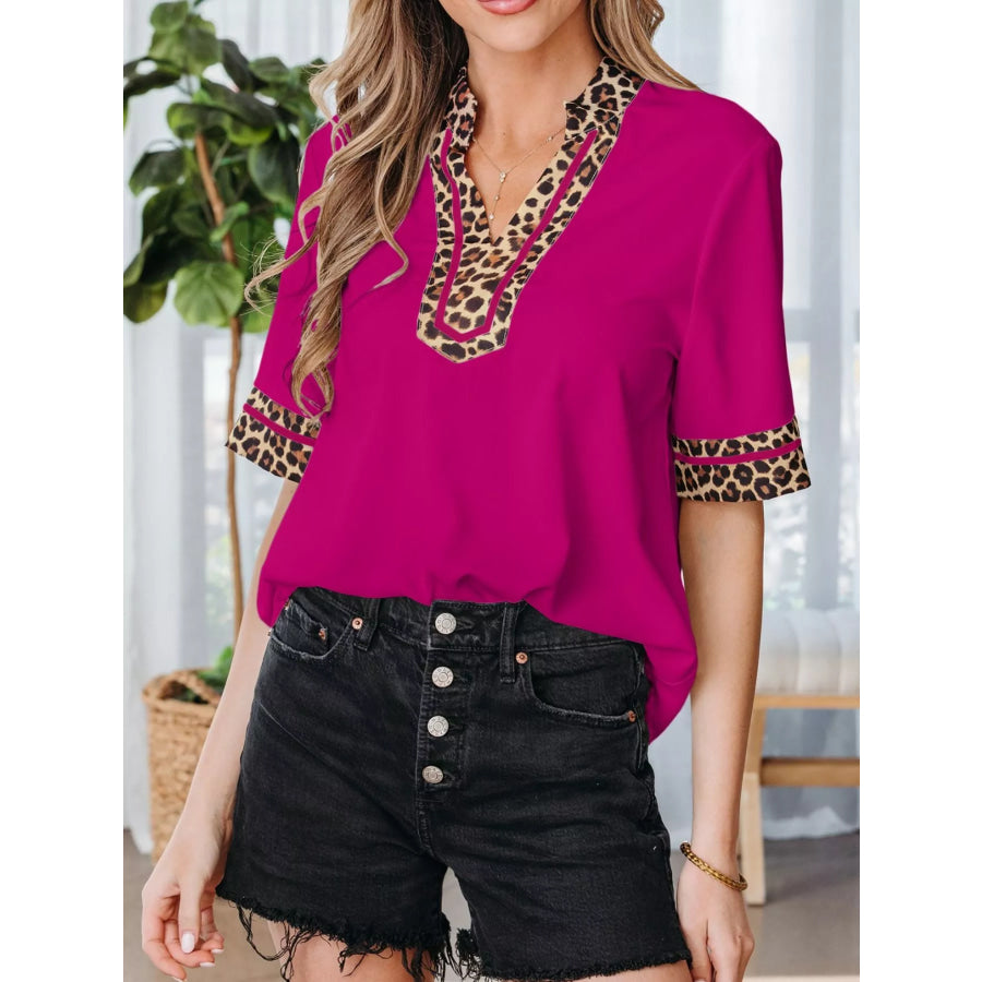 Leopard Patchwork Trim Split Neck Short Sleeve Blouse Cerise / S Apparel and Accessories