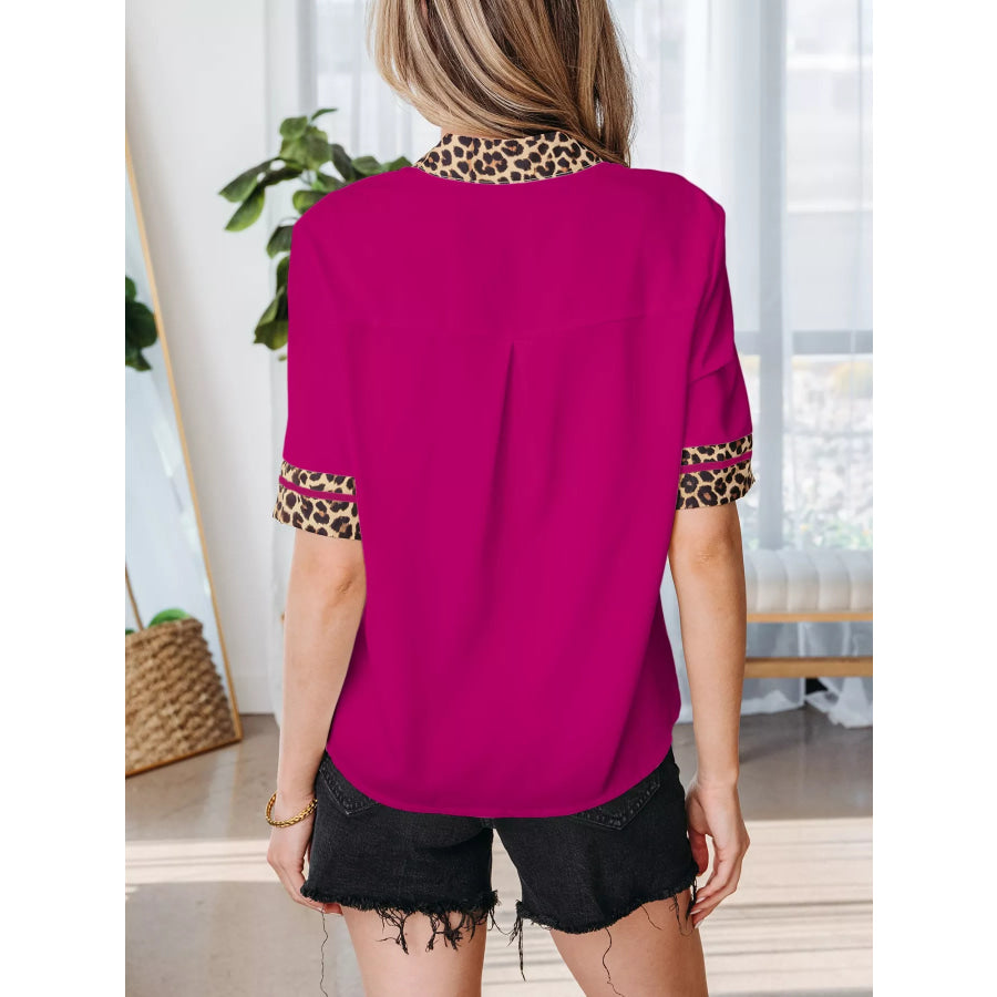 Leopard Patchwork Trim Split Neck Short Sleeve Blouse Apparel and Accessories