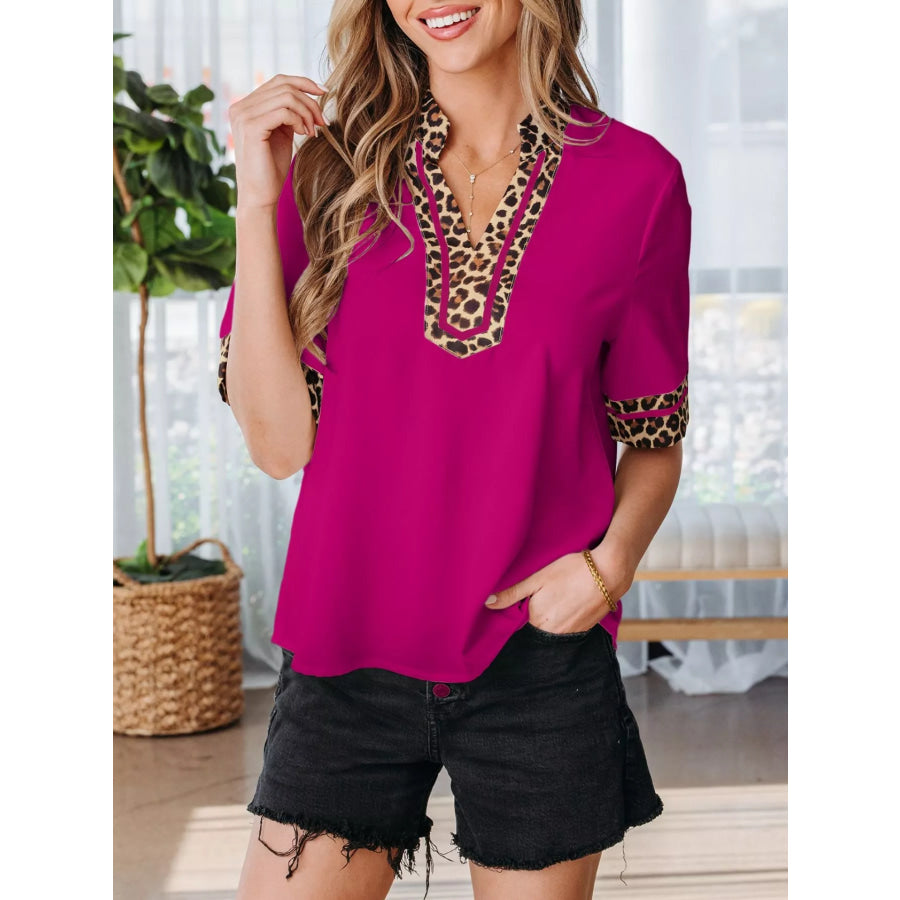 Leopard Patchwork Trim Split Neck Short Sleeve Blouse Cerise / S Apparel and Accessories