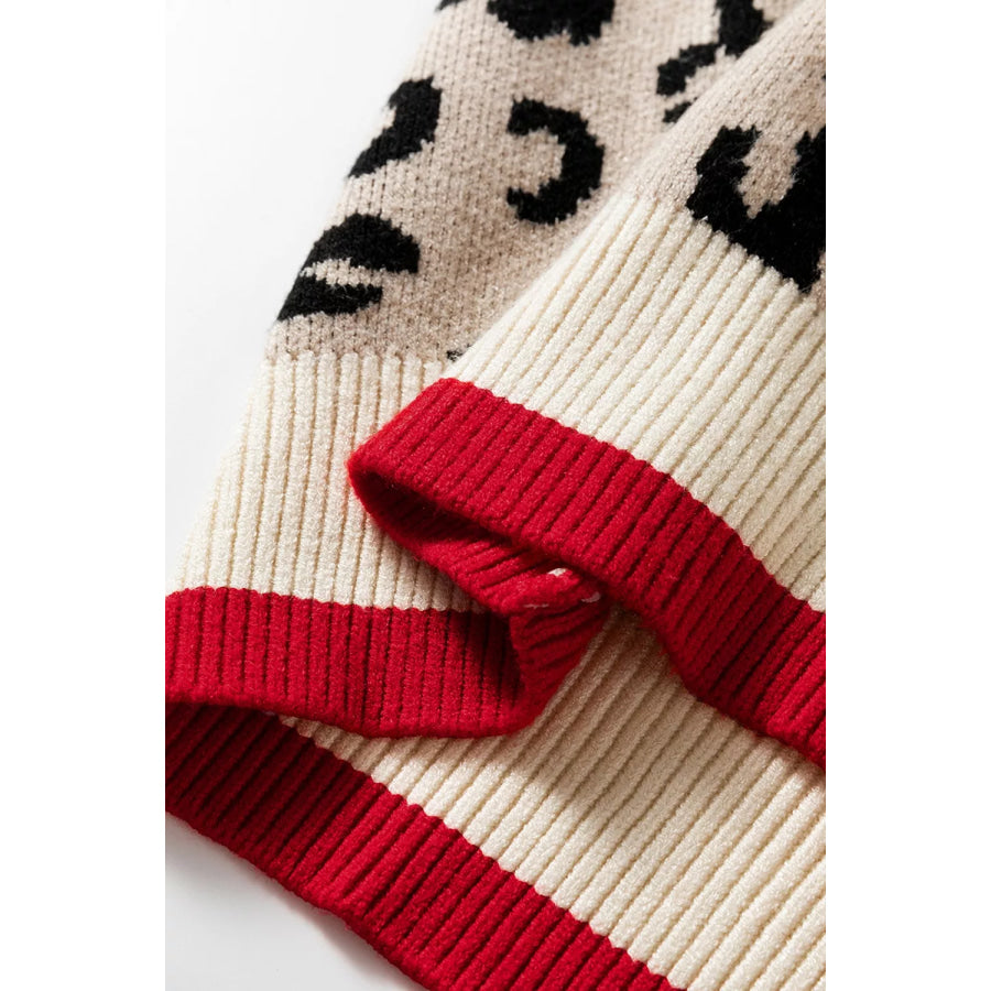 Leopard Pattern V-Neck Contrast Rib Knitted Sweater Apparel and Accessories