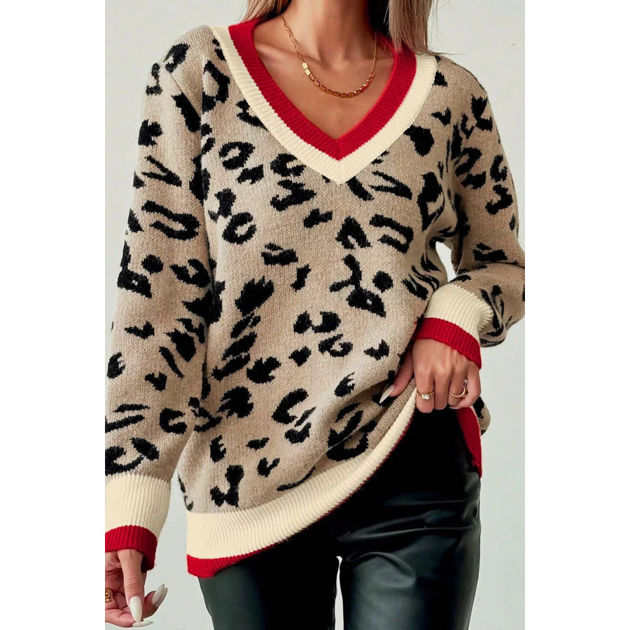 Leopard Pattern V-Neck Contrast Rib Knitted Sweater Apparel and Accessories