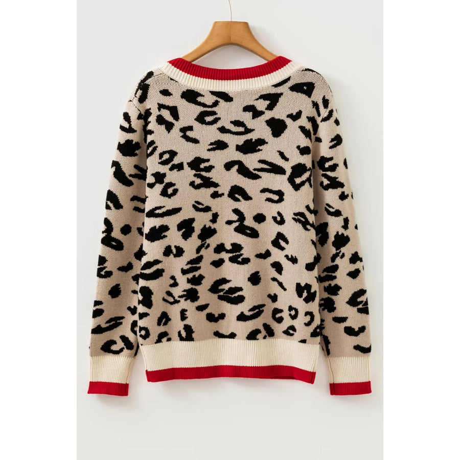 Leopard Pattern V-Neck Contrast Rib Knitted Sweater Apparel and Accessories