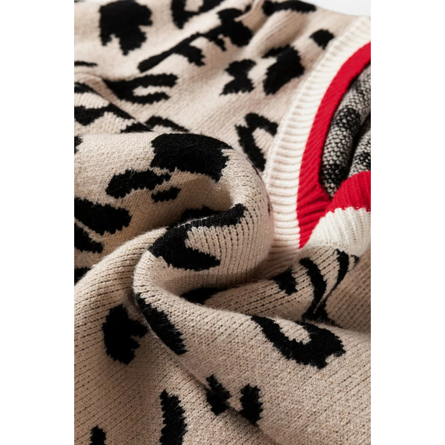 Leopard Pattern V-Neck Contrast Rib Knitted Sweater Apparel and Accessories