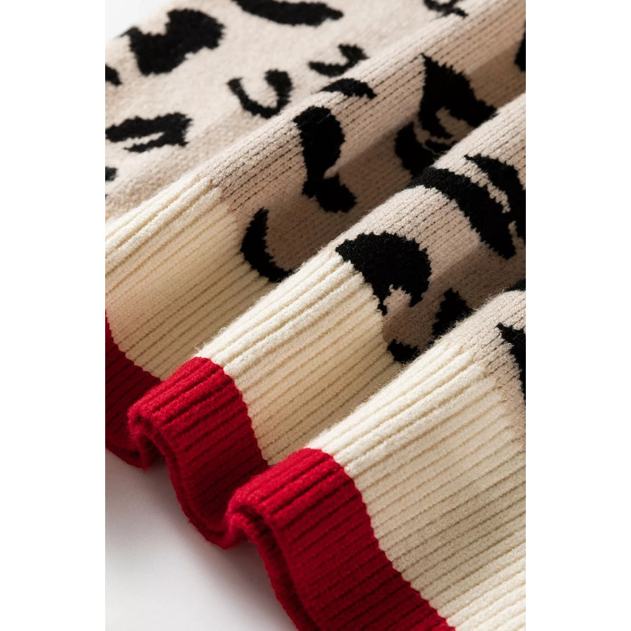 Leopard Pattern V-Neck Contrast Rib Knitted Sweater Apparel and Accessories