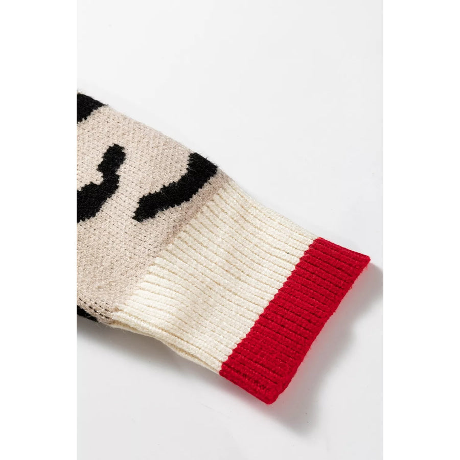 Leopard Pattern V-Neck Contrast Rib Knitted Sweater Apparel and Accessories