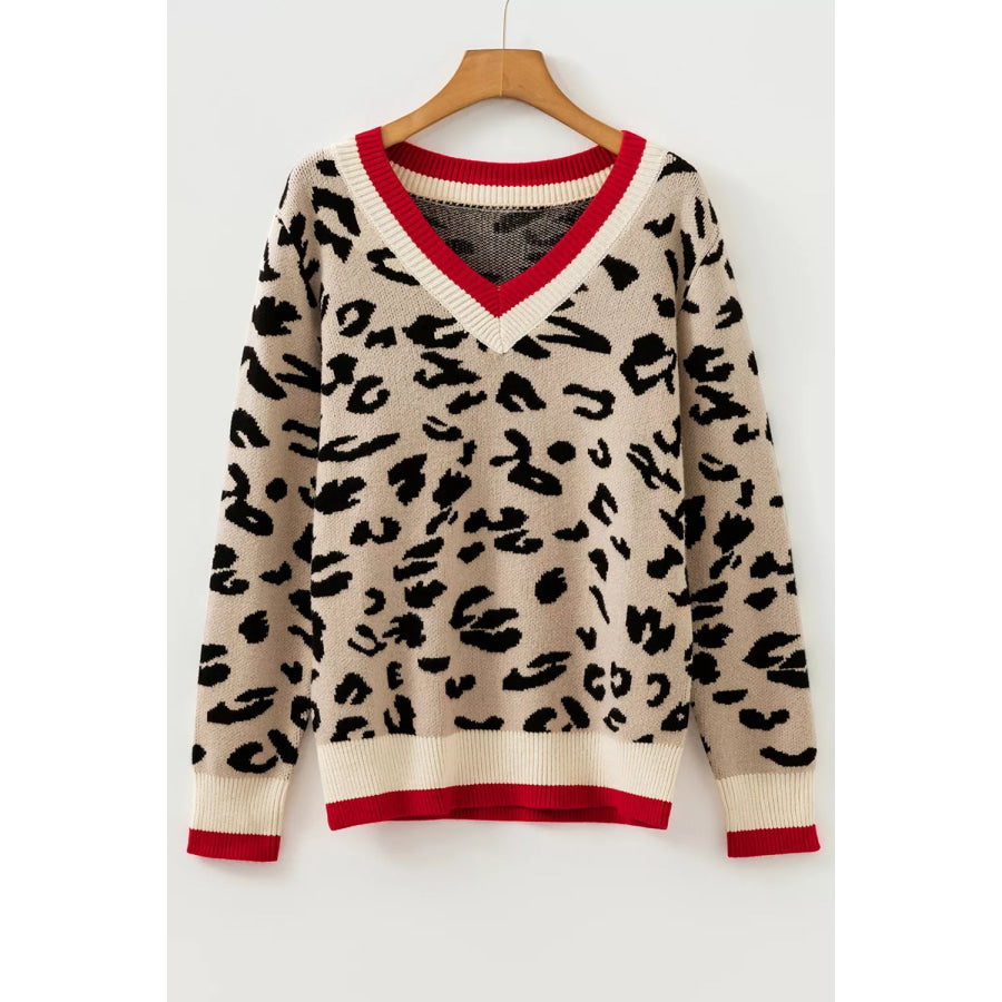 Leopard Pattern V-Neck Contrast Rib Knitted Sweater Apparel and Accessories