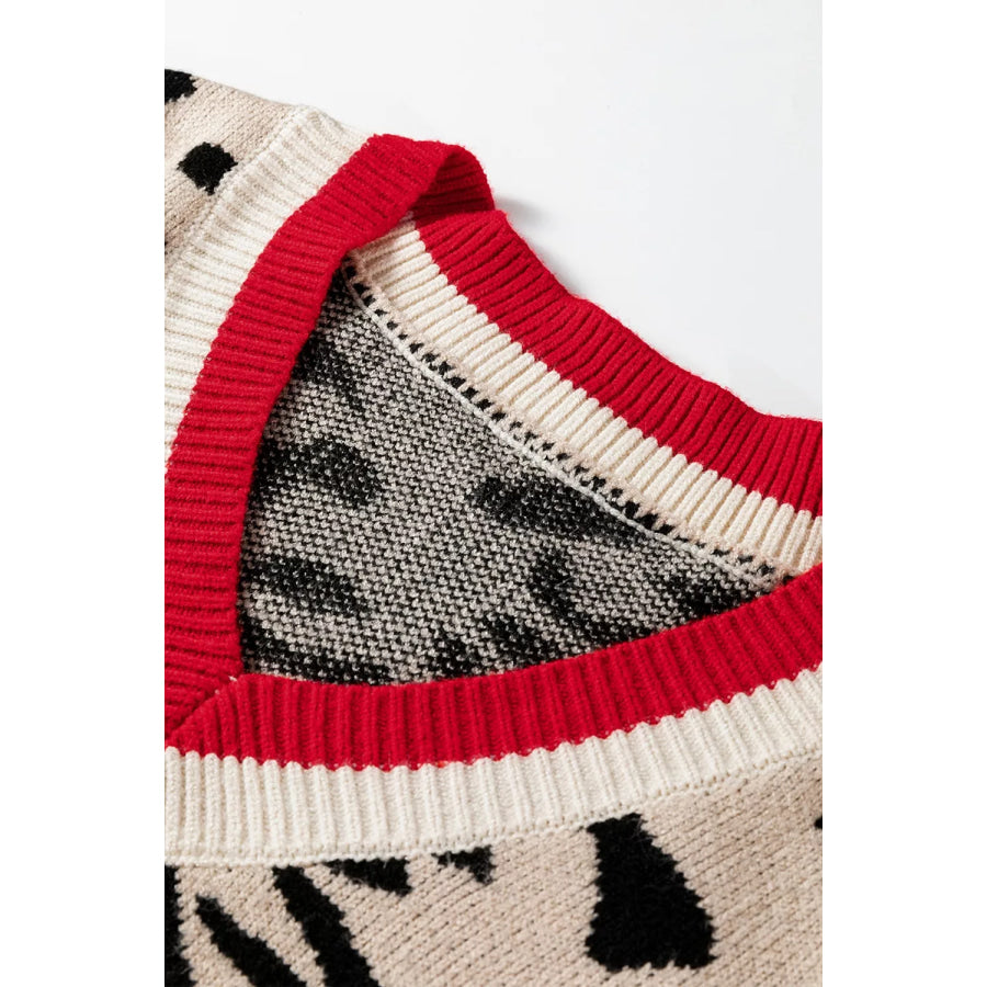 Leopard Pattern V-Neck Contrast Rib Knitted Sweater Apparel and Accessories