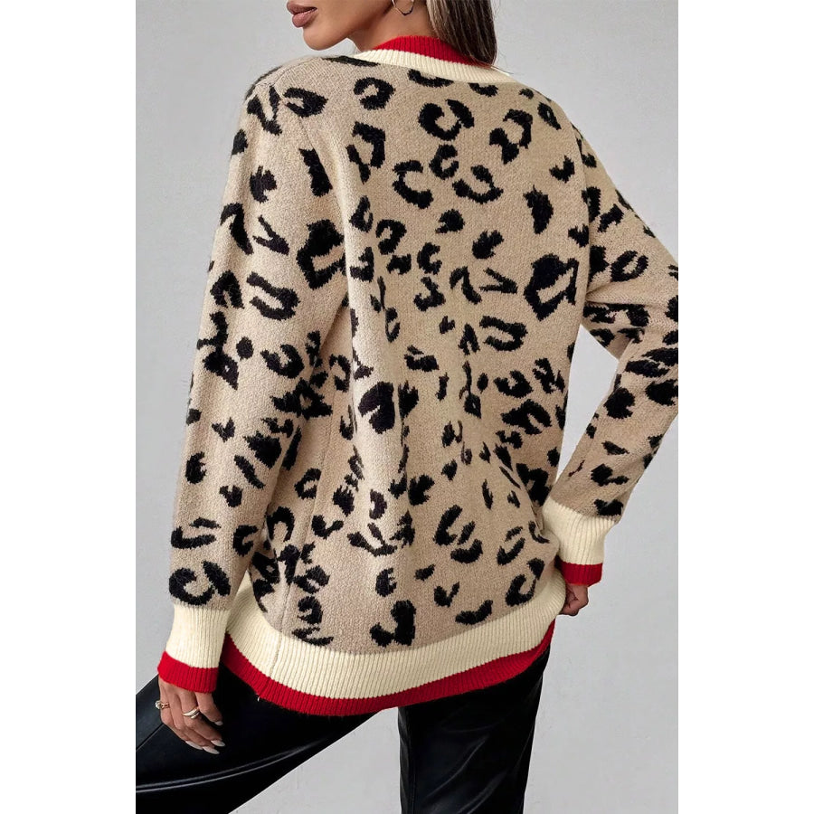 Leopard Pattern V-Neck Contrast Rib Knitted Sweater Apparel and Accessories