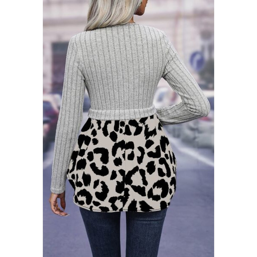 Leopard Peplum Round Neck Blouse Apparel and Accessories