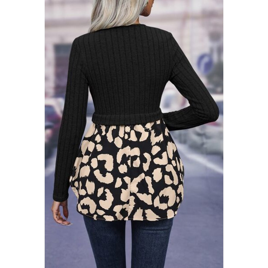 Leopard Peplum Round Neck Blouse Apparel and Accessories