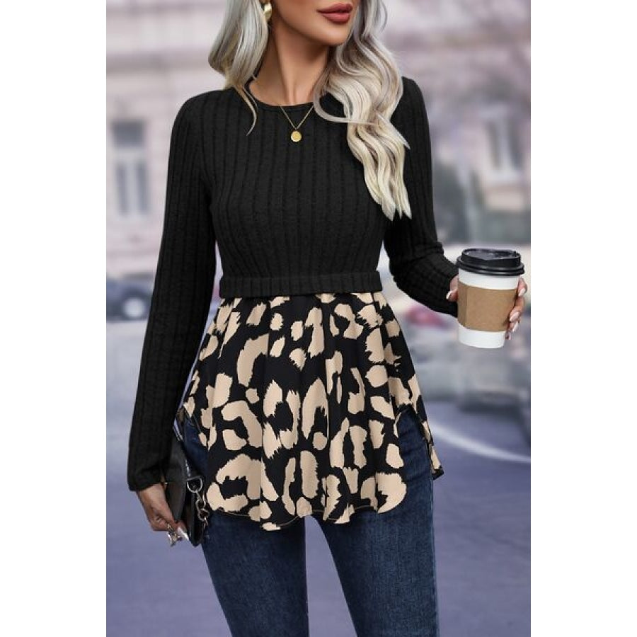 Leopard Peplum Round Neck Blouse Apparel and Accessories