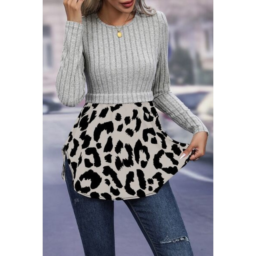 Leopard Peplum Round Neck Blouse Apparel and Accessories