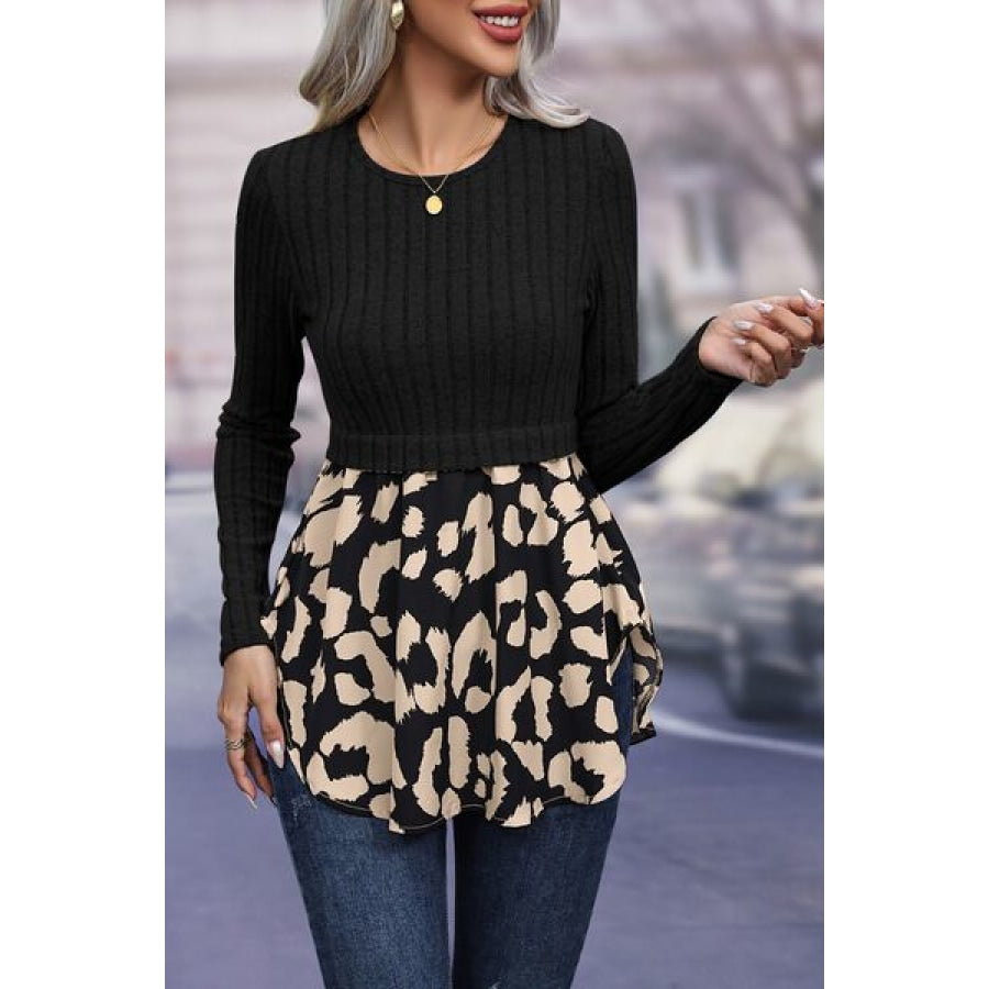 Leopard Peplum Round Neck Blouse Black / S Apparel and Accessories