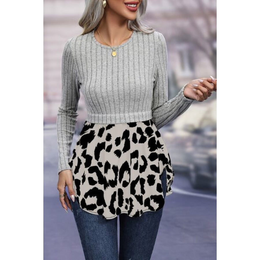 Leopard Peplum Round Neck Blouse Charcoal / S Apparel and Accessories