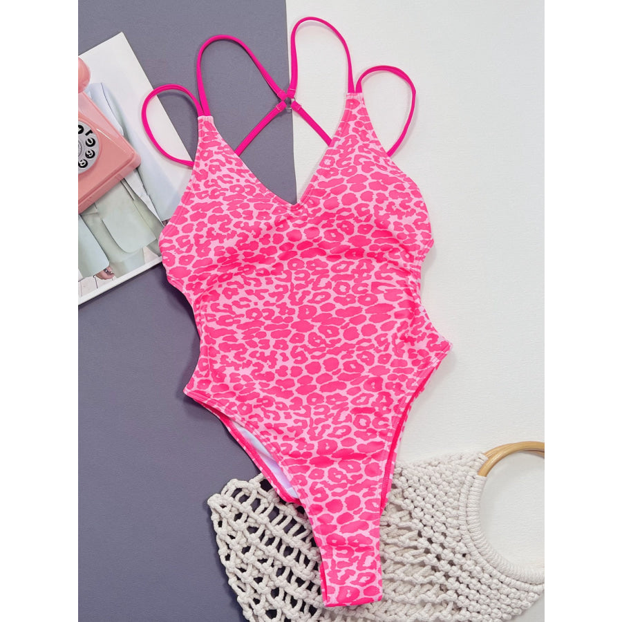 Leopard Plunge Spaghetti Strap One-Piece Swimwear Apparel and Accessories