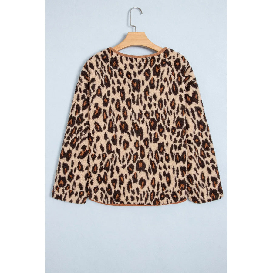 Leopard Plush Corduroy Trim Long Sleeve Jacket Apparel and Accessories