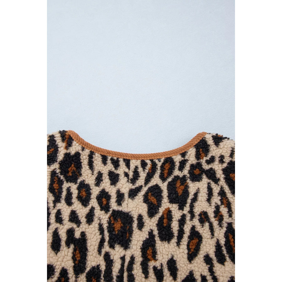 Leopard Plush Corduroy Trim Long Sleeve Jacket Apparel and Accessories