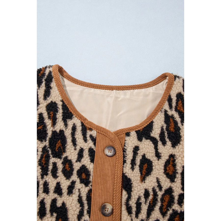 Leopard Plush Corduroy Trim Long Sleeve Jacket Apparel and Accessories
