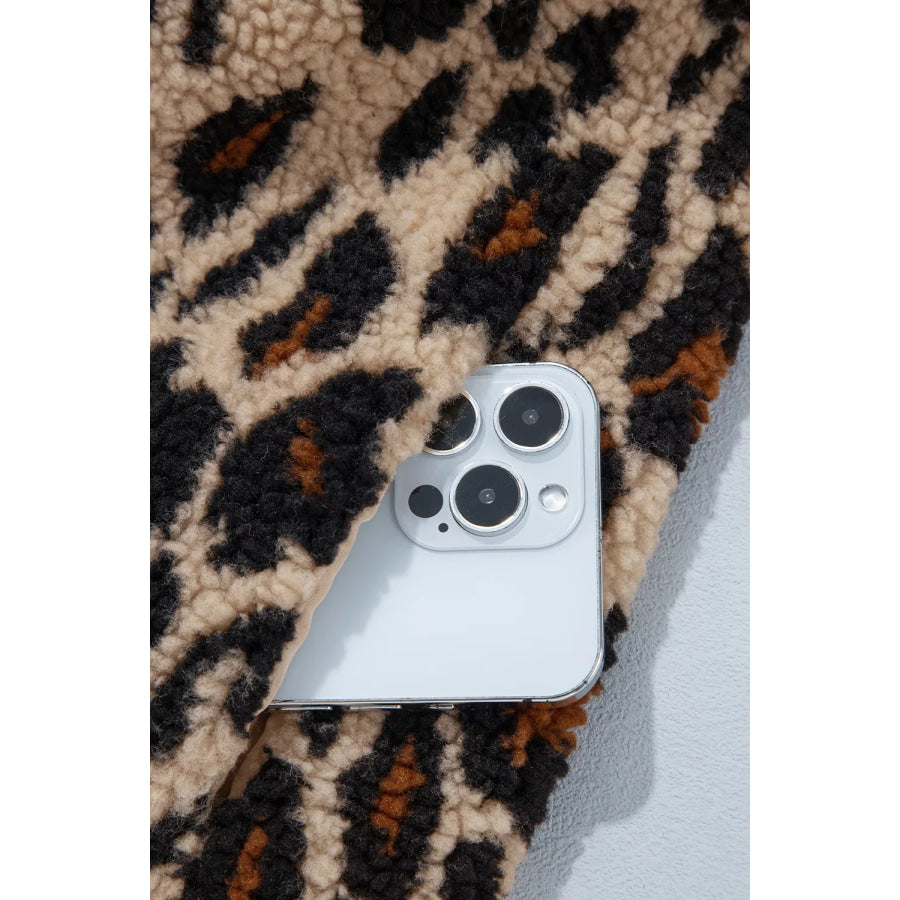Leopard Plush Corduroy Trim Long Sleeve Jacket Apparel and Accessories