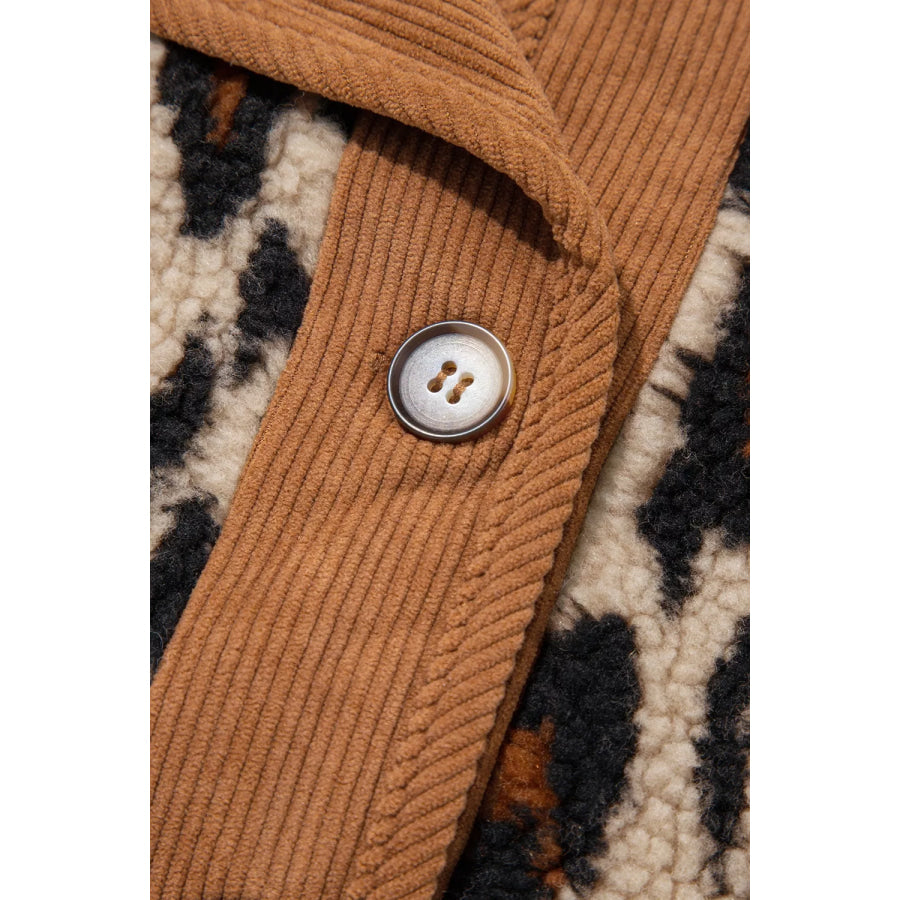 Leopard Plush Corduroy Trim Long Sleeve Jacket Apparel and Accessories