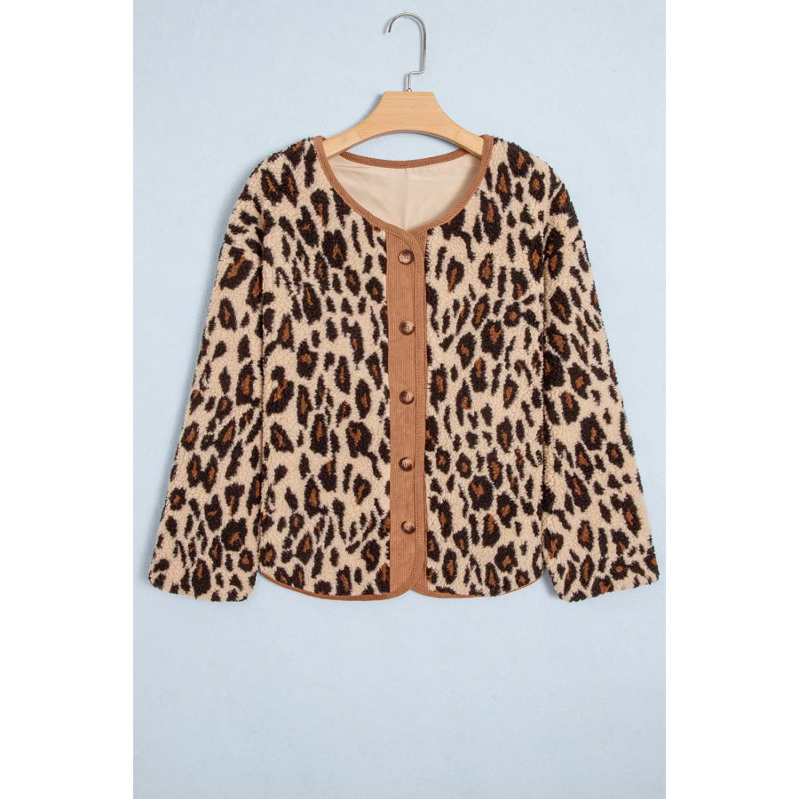 Leopard Plush Corduroy Trim Long Sleeve Jacket Apparel and Accessories