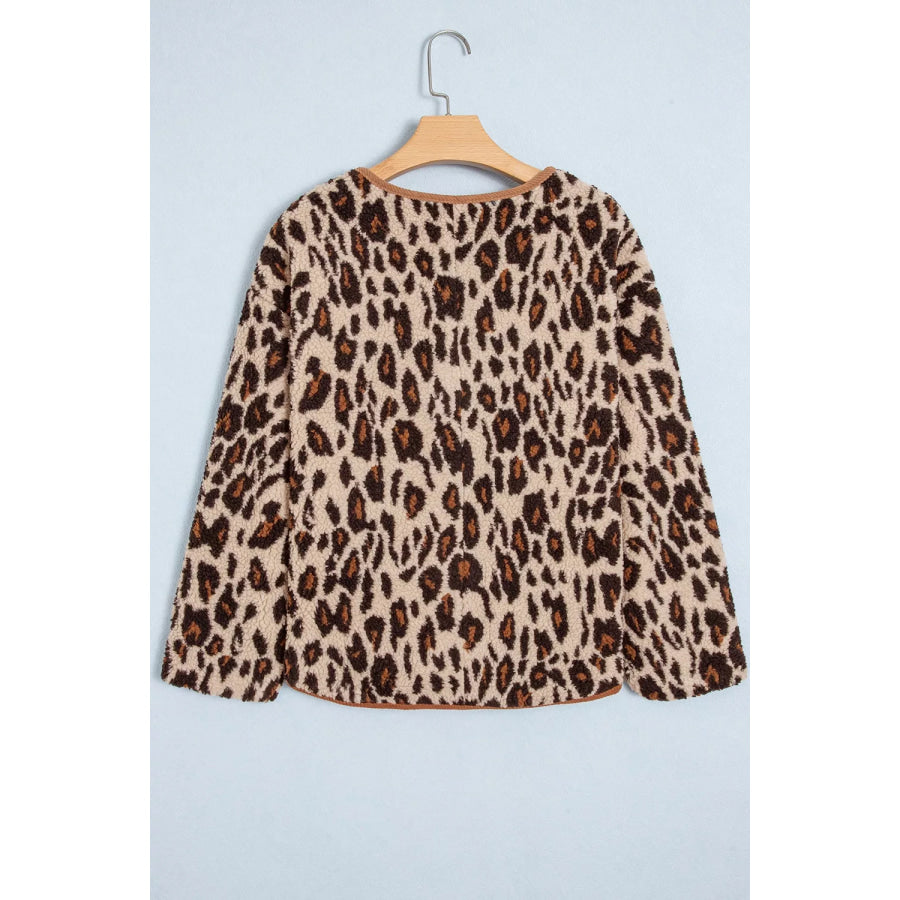 Leopard Plush Corduroy Trim Long Sleeve Jacket Apparel and Accessories