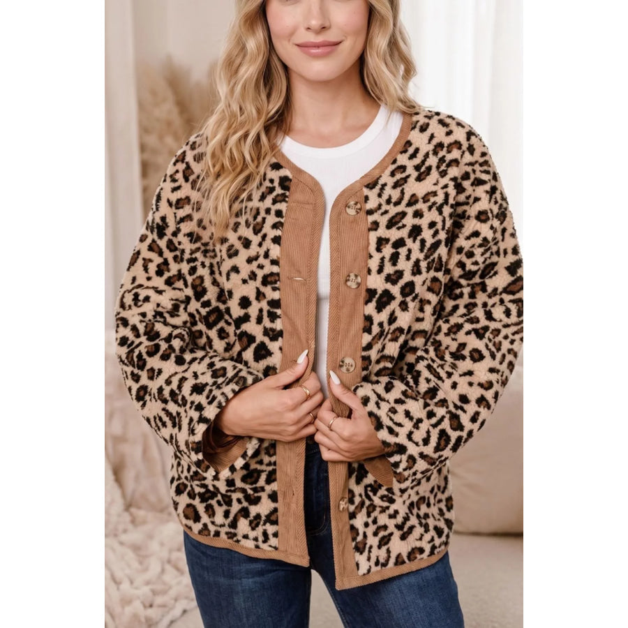 Leopard Plush Corduroy Trim Long Sleeve Jacket / S Apparel and Accessories