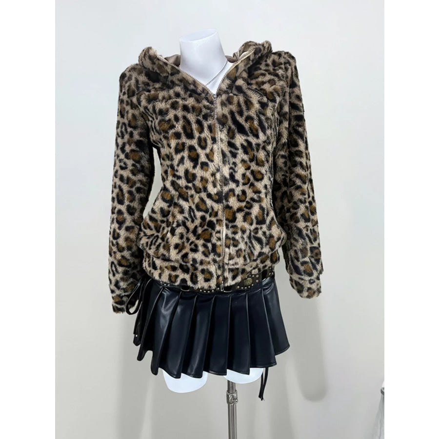 Leopard Plush Zip-Up Hooded Outerwear Brown / S Apparel and Accessories
