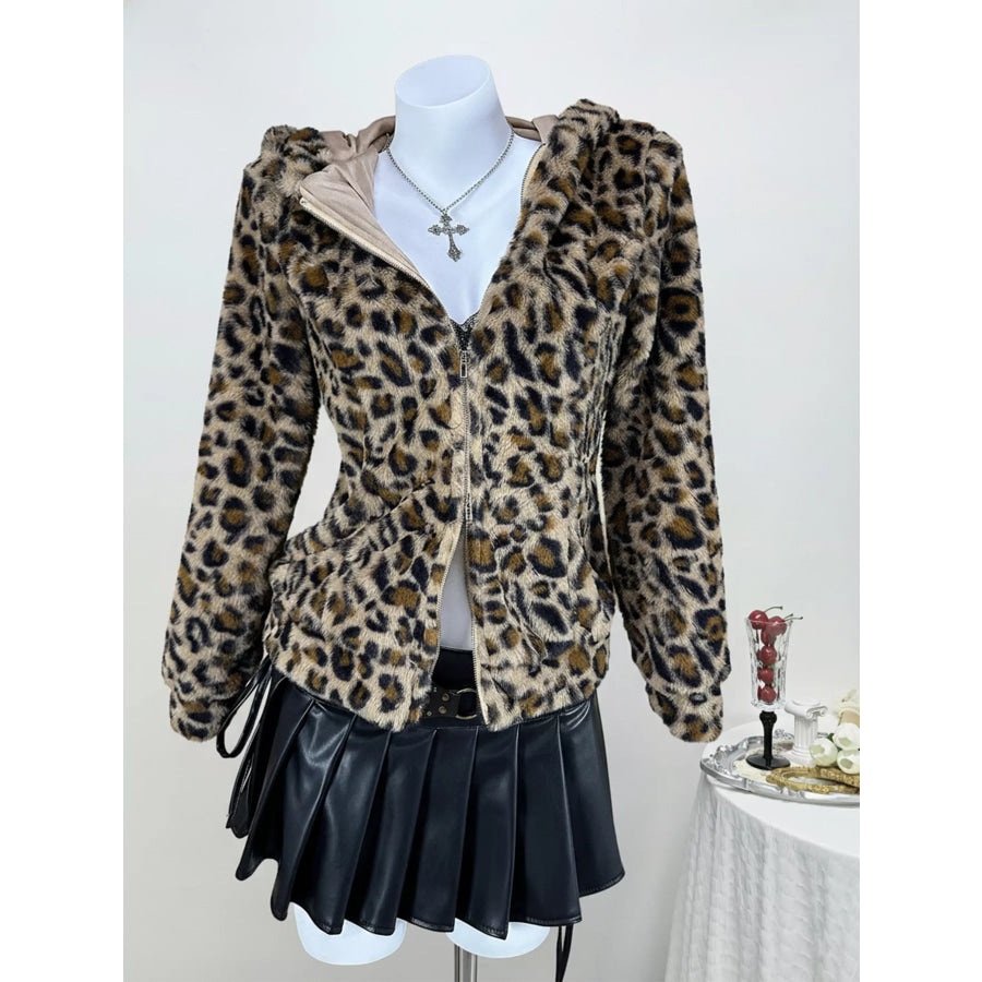 Leopard Plush Zip-Up Hooded Outerwear Brown / S Apparel and Accessories