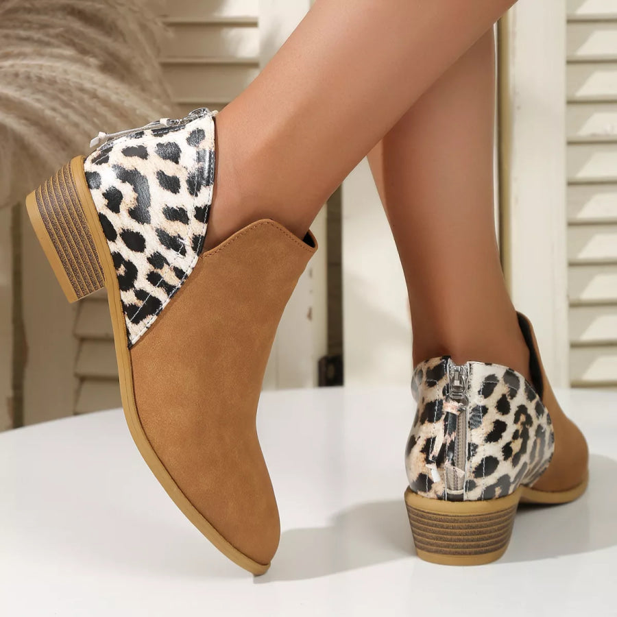 Leopard Point Toe Block Heels Boots Apparel and Accessories