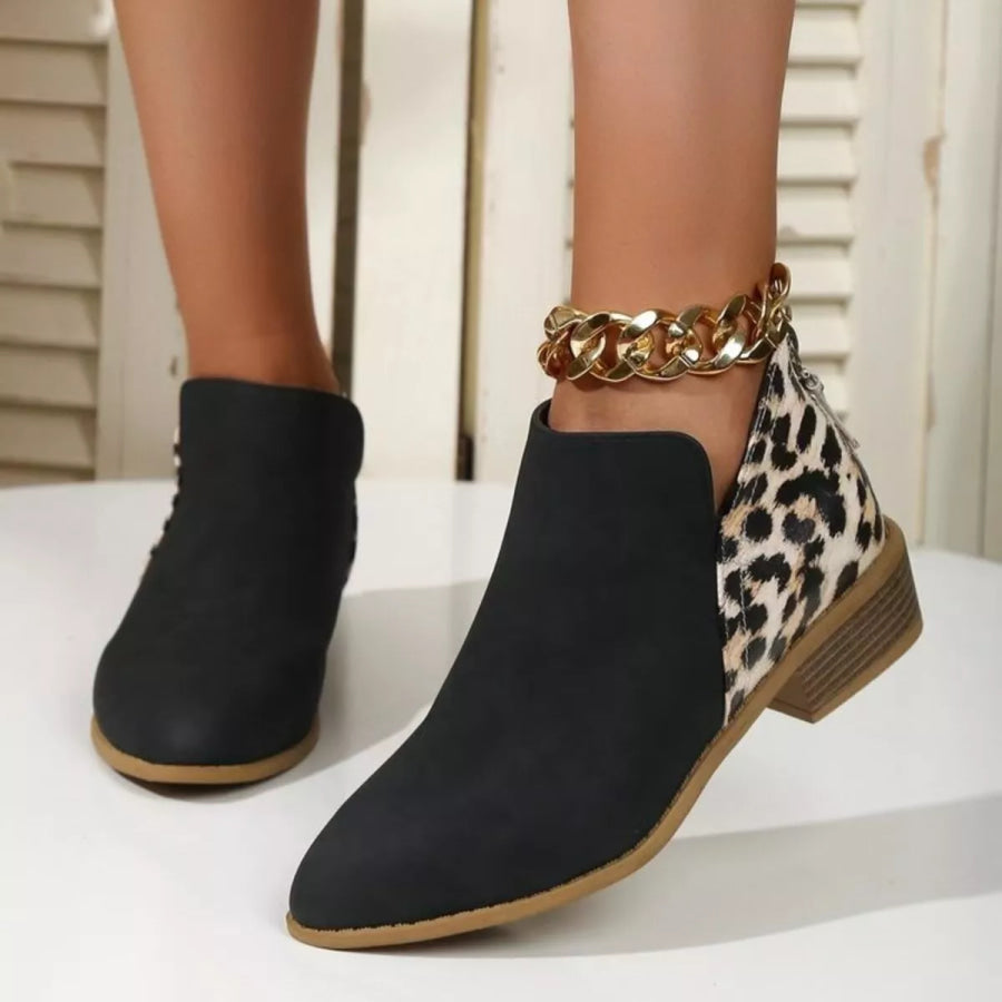 Leopard Point Toe Block Heels Boots Black / 36 Apparel and Accessories
