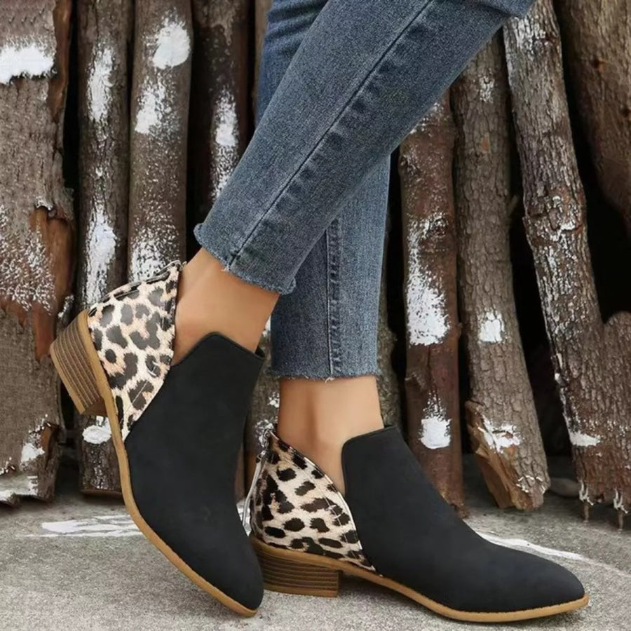 Leopard Point Toe Block Heels Boots Black / 36 Apparel and Accessories