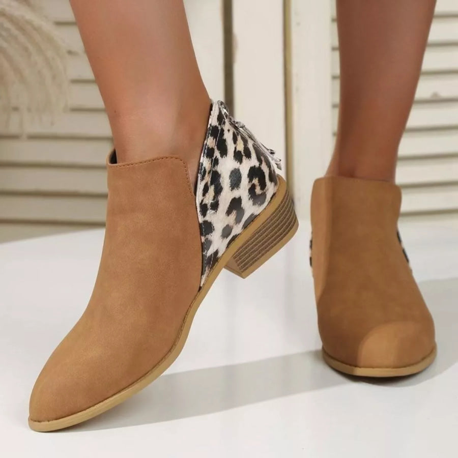 Leopard Point Toe Block Heels Boots Brown / 36 Apparel and Accessories