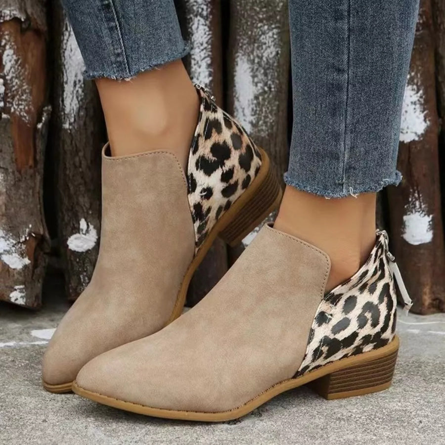 Leopard Point Toe Block Heels Boots Khaki / 36 Apparel and Accessories