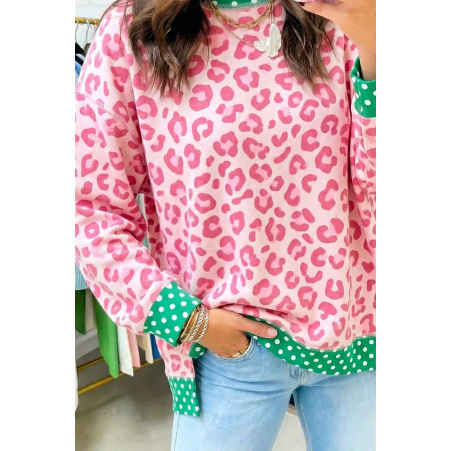 Leopard Polka Dot Trim Round Neck Sweatshirt Apparel and Accessories