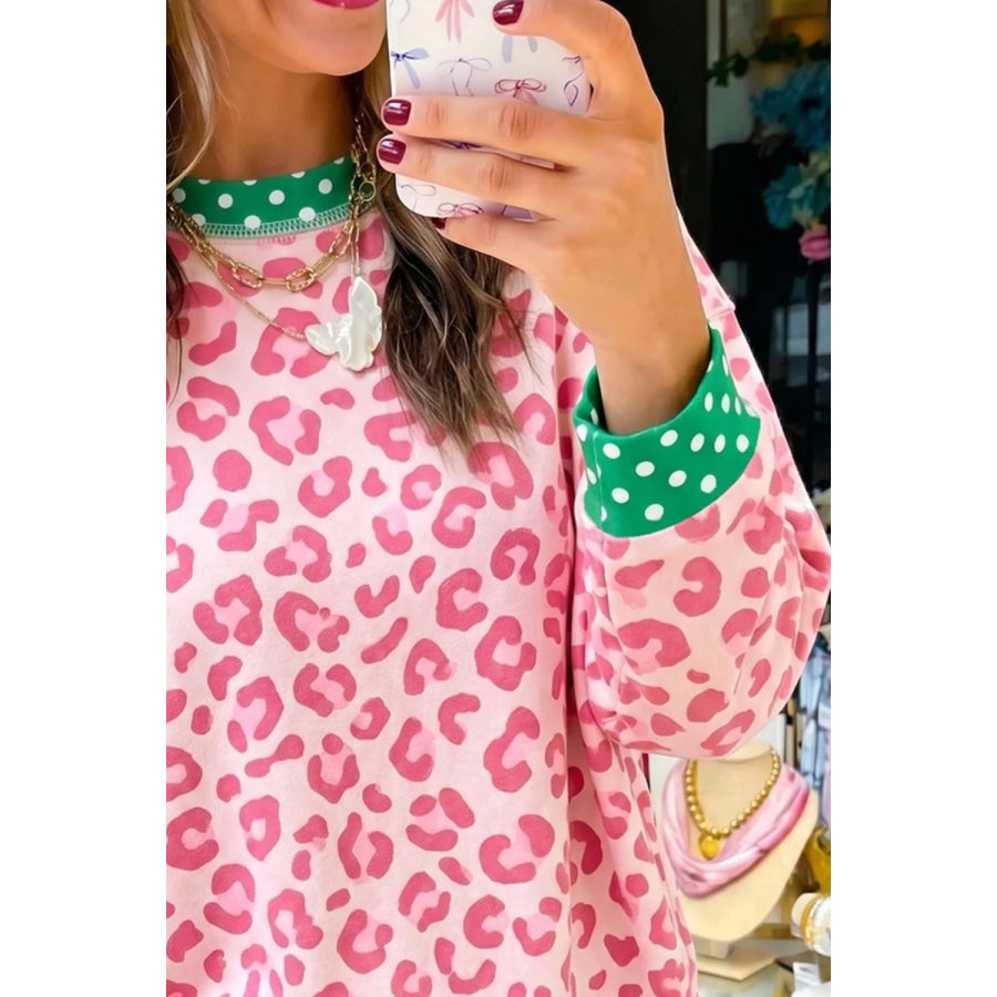 Leopard Polka Dot Trim Round Neck Sweatshirt Apparel and Accessories
