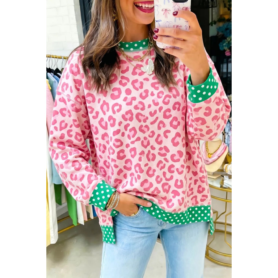Leopard Polka Dot Trim Round Neck Sweatshirt Blush Pink / S Apparel and Accessories