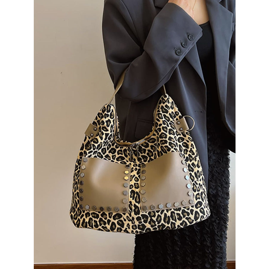 Leopard Polyester Shoulder Bag with Zippers Apparel and Accessories