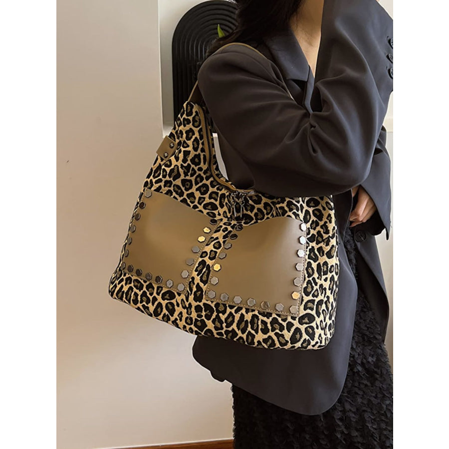 Leopard Polyester Shoulder Bag with Zippers Apparel and Accessories