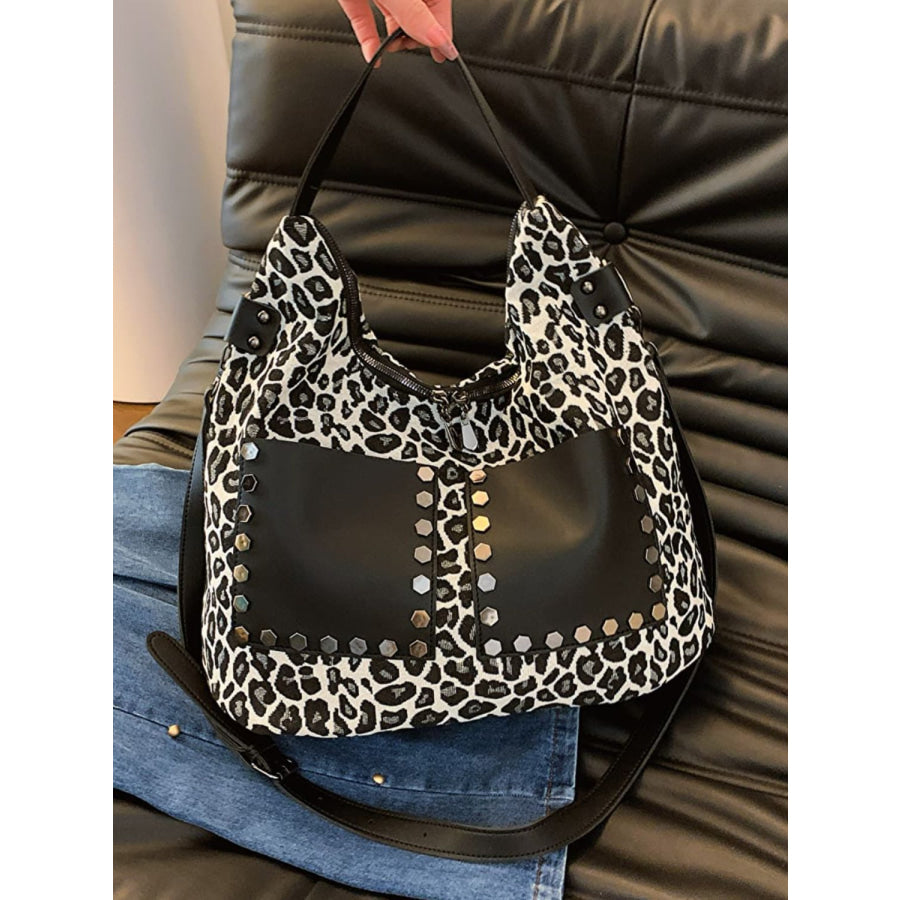 Leopard Polyester Shoulder Bag with Zippers Black / One Size Apparel and Accessories