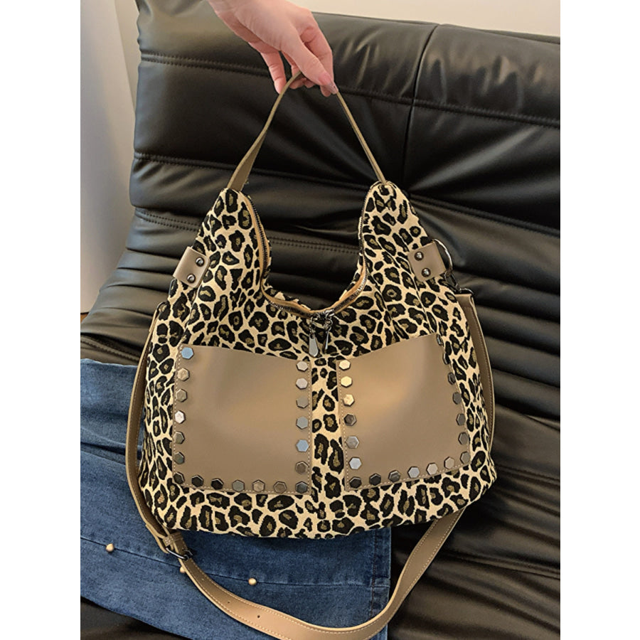 Leopard Polyester Shoulder Bag with Zippers Khaki / One Size Apparel and Accessories