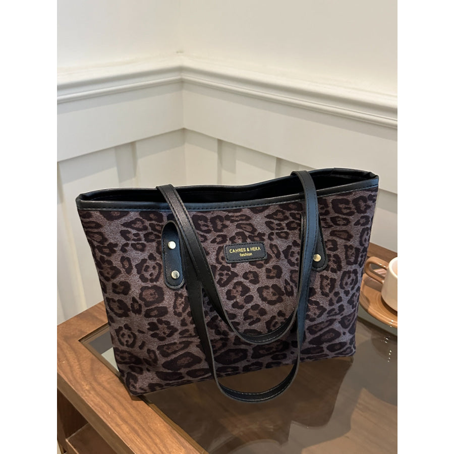 Leopard Polyester Tote Bag Black / One Size Apparel and Accessories