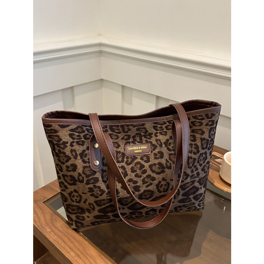 Leopard Polyester Tote Bag Khaki / One Size Apparel and Accessories