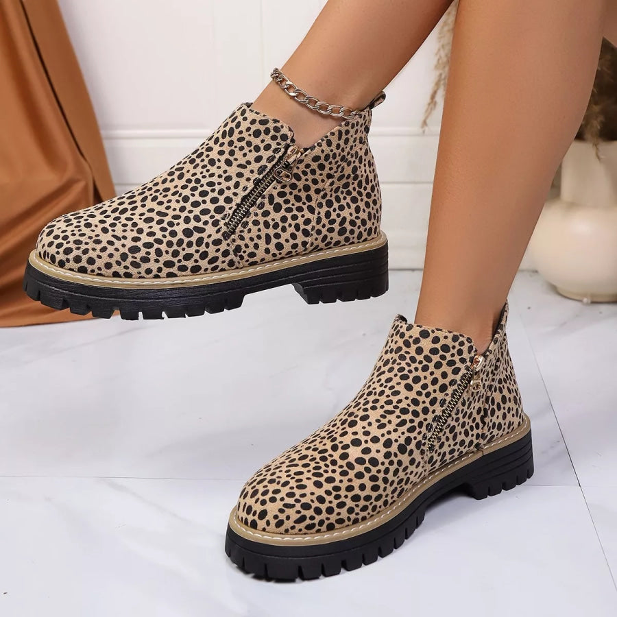 Leopard Print Ankle Boots with Zipper Apparel and Accessories
