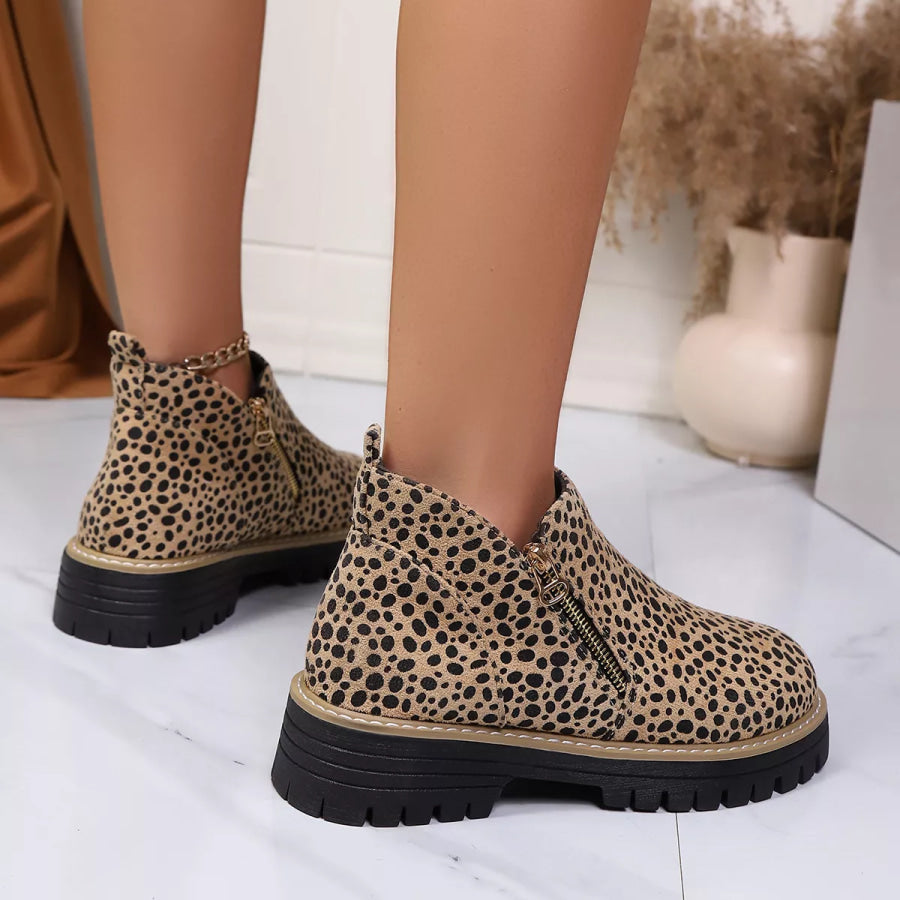 Leopard Print Ankle Boots with Zipper Apparel and Accessories