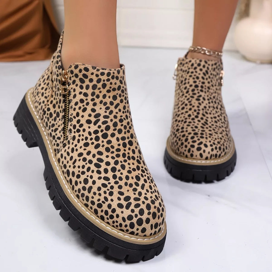 Leopard Print Ankle Boots with Zipper Apparel and Accessories