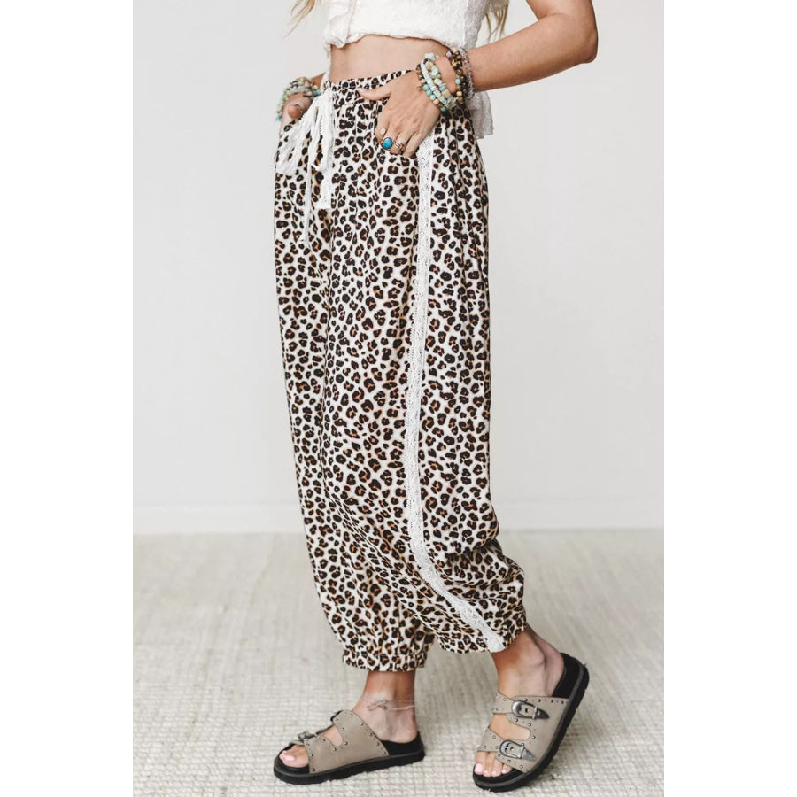 Leopard Print Ankle-Length Elastic Waist Pants Black / M Apparel and Accessories