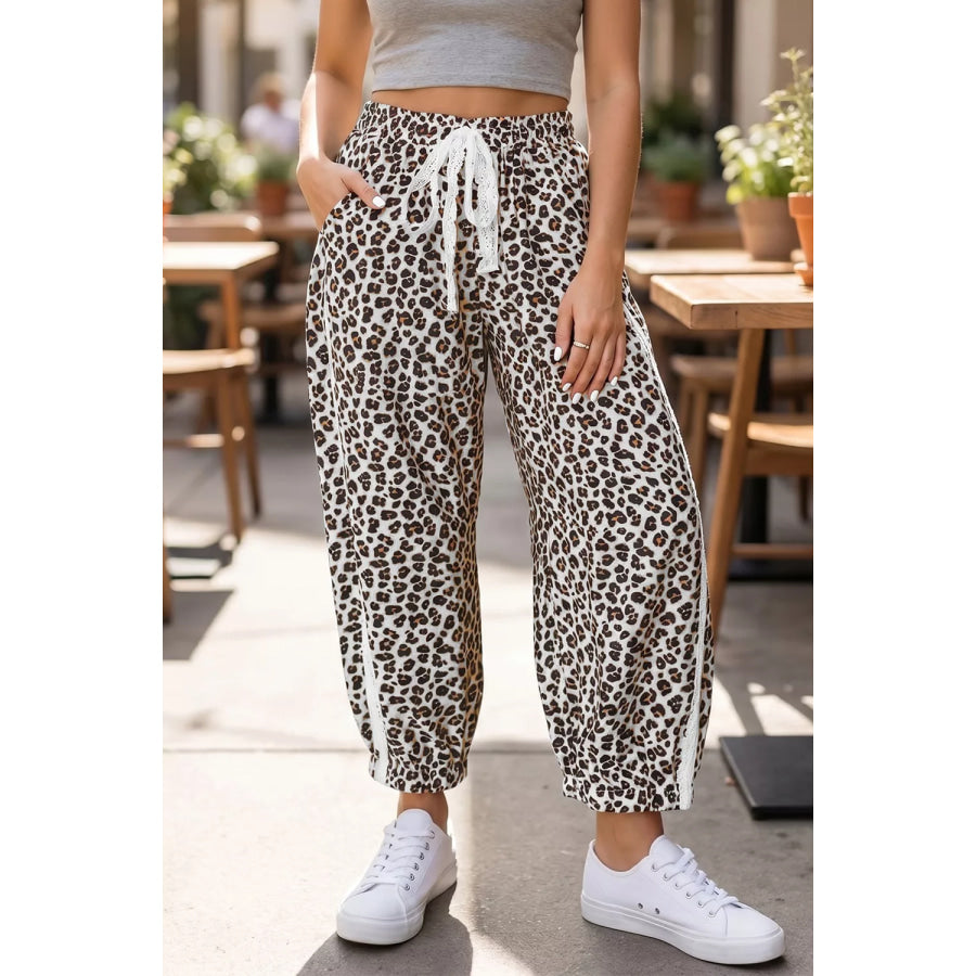 Leopard Print Ankle-Length Elastic Waist Pants Apparel and Accessories