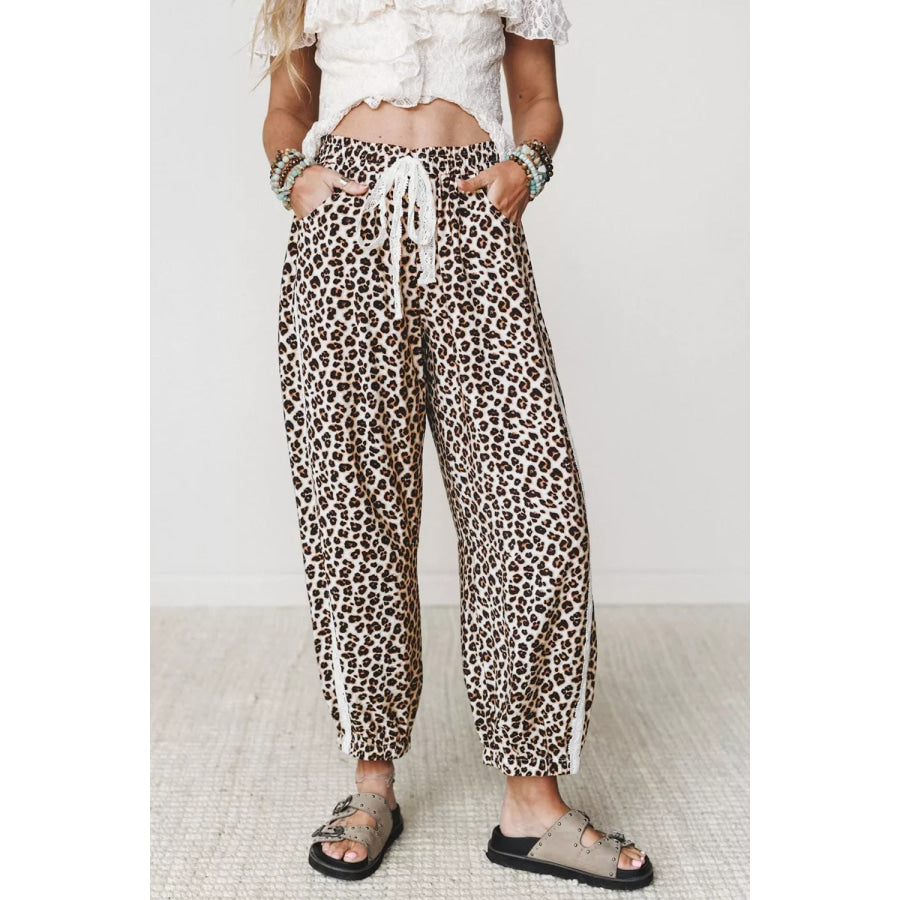 Leopard Print Ankle-Length Elastic Waist Pants Black / M Apparel and Accessories